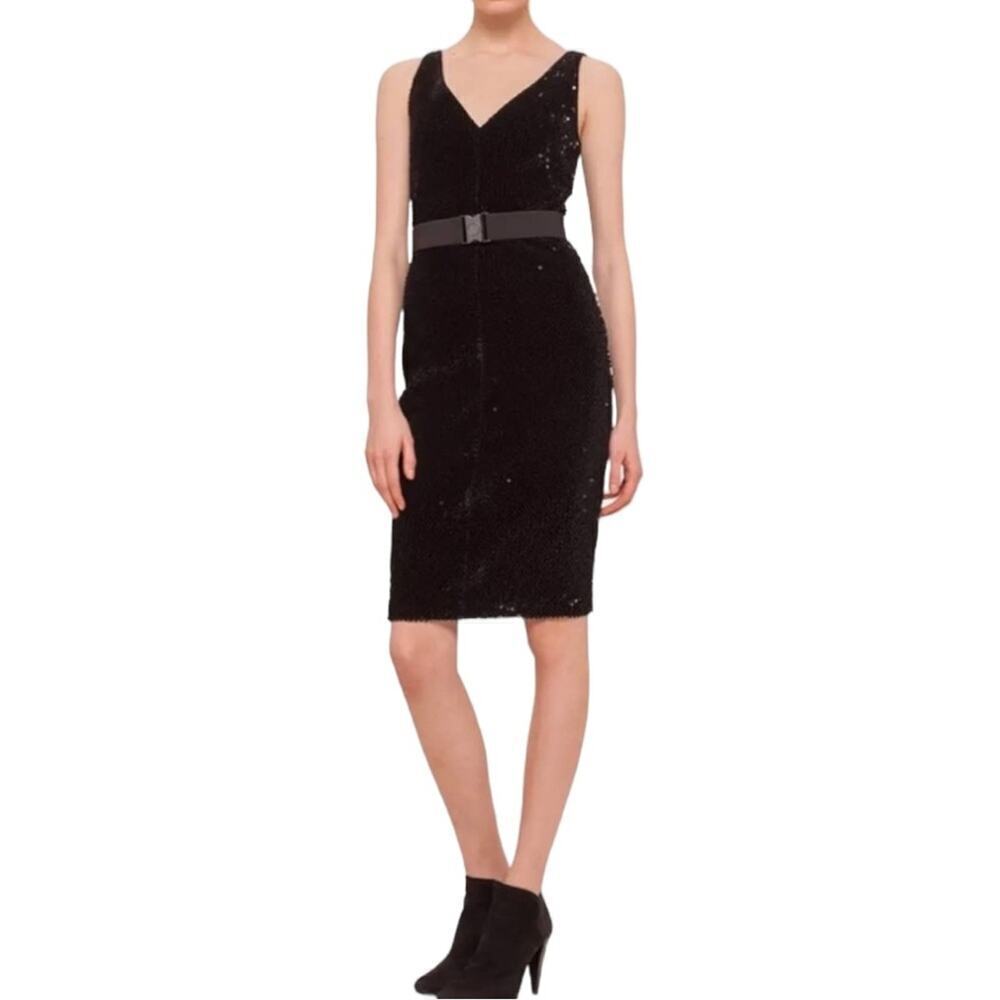 Akris Punto Velvet Sequin Sleeveless Dress Tailored Sheath Cocktail Black Size 8